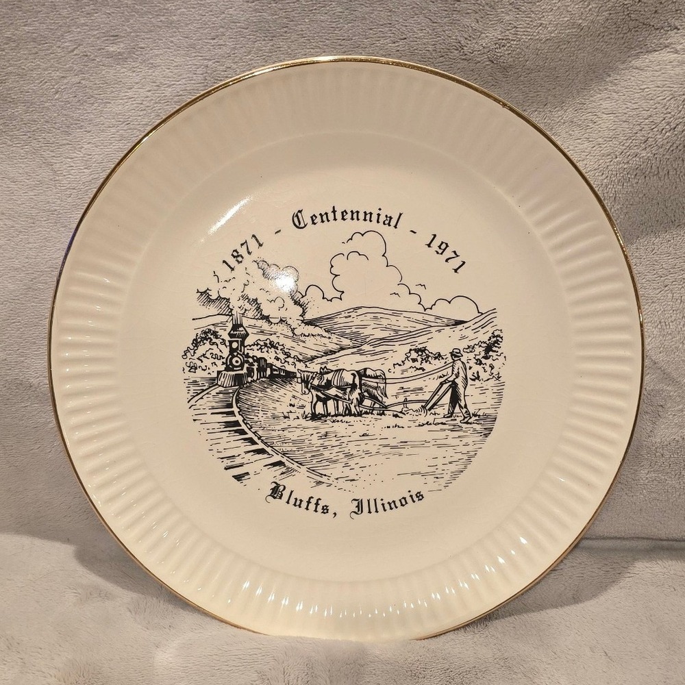 Vintage Bluffs Illinois Centennial 1871-1971 Commemorative Plate Gold‎ Rim 10.5"